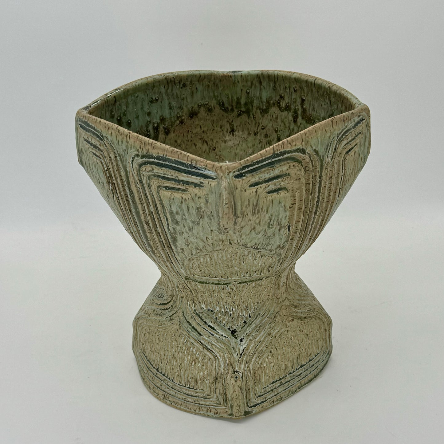 Chalice shaped serving bowl designed to elevate a dish one tier above the table top. Art Deco inspired.