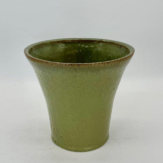 Wide rim vase. Finished in a double dip of sea mist glaze for a rick, mossy look.